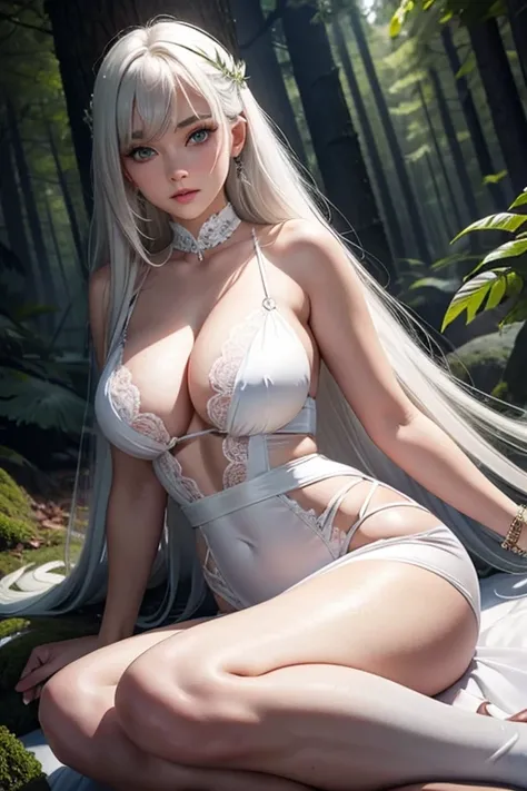 There is a adult woman in a forest, at night, wearing a white dresse, using ice magical powers high heels, Dark tights, white hair,,  lips,thin lips, soft face, green eyes,Eyeshadows,eyeliner,knee length hair,curved hair, thin waist,Big chest, high quality...