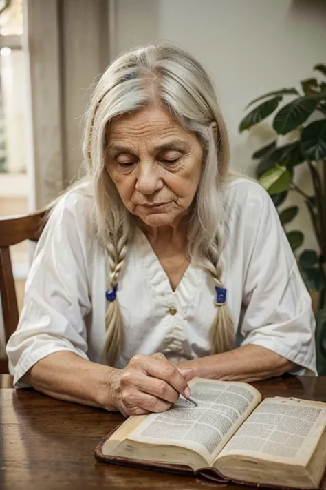 wrinkled old woman with long white hair in front of a table with a bible, orando a Deus, em uma casa pobre e velha de madeira.