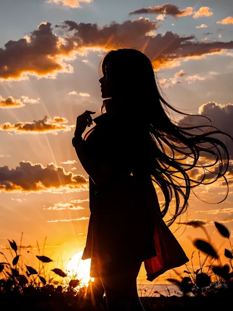 araffe silhouette of a woman standing in a field at sunset, sunset and big clouds behind her, with sunset, looking at sunset, during a sunset, girl watching sunset, at a beautiful sunset, during sunset, with a sunset, looking at the sky, silhouette over su...