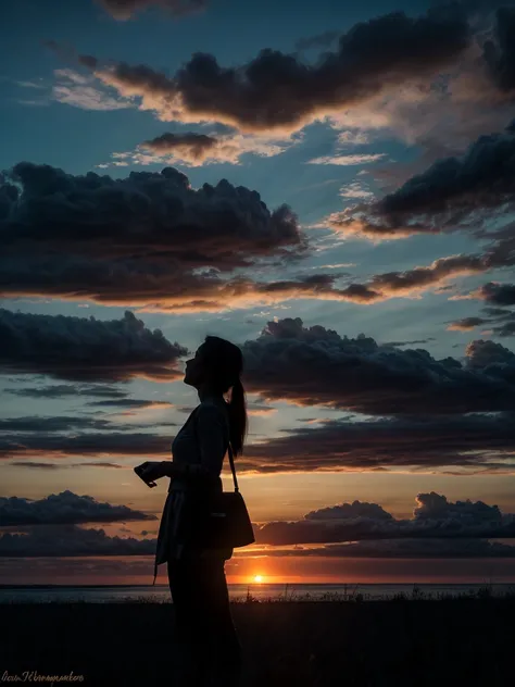 araffe silhouette of a woman standing in a field at sunset, sunset and big clouds behind her, with sunset, looking at sunset, du...