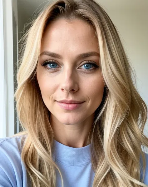 blond ombre woman of 30 years old with blue eyes, with long hair, looking directly at the camera, with a natural makeup , very realistic, portrait picture, in her beautiful bedroom