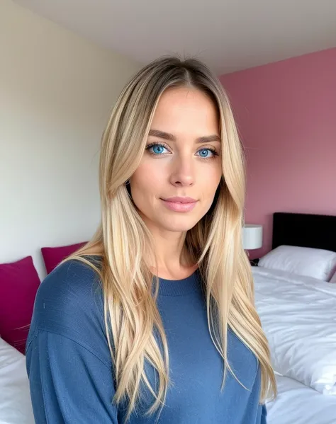 blond ombre woman of 30 years old with blue eyes, with long hair, looking directly at the camera, with a natural makeup , very realistic, portrait picture, in her beautiful bedroom