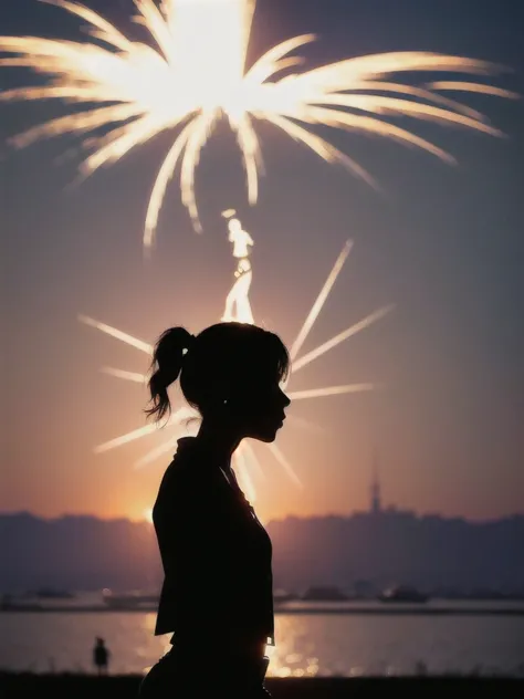 (Silhouette Art,cutouts:1.6) ((( cutting art,A world where only white exists:1.3) (Cowboy Shot),1 girl、Solo, (doress, profile:1.2),white, Clear and beautiful face, FIRE WORKS AT THE CITY
