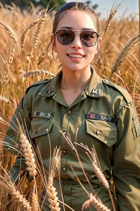 paparazzi photo of graciebon, wearing (army uniform:1.2), wheat field, upper body, fill lighting, eye level,