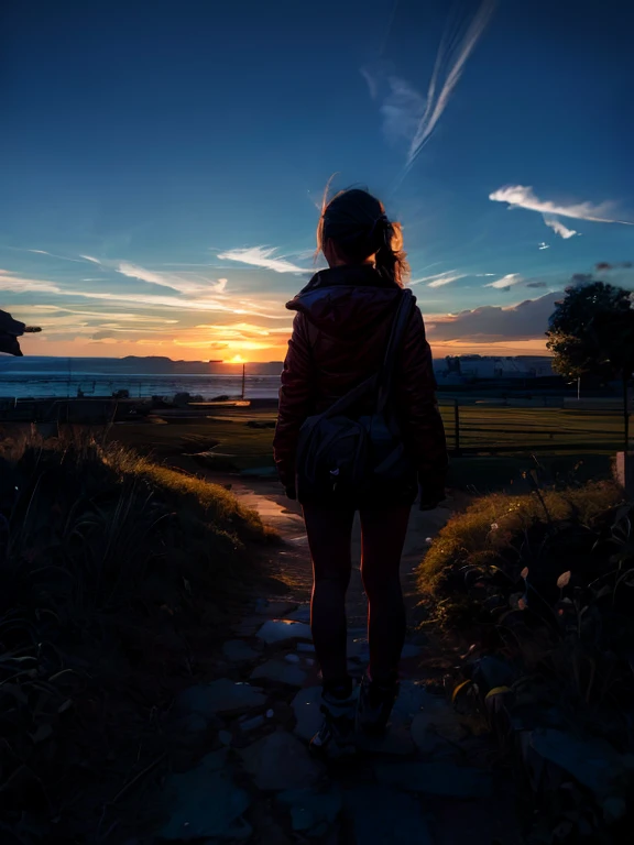 ((silhouette)),1girl, outdoors, night, night sky, sunset, lanscape