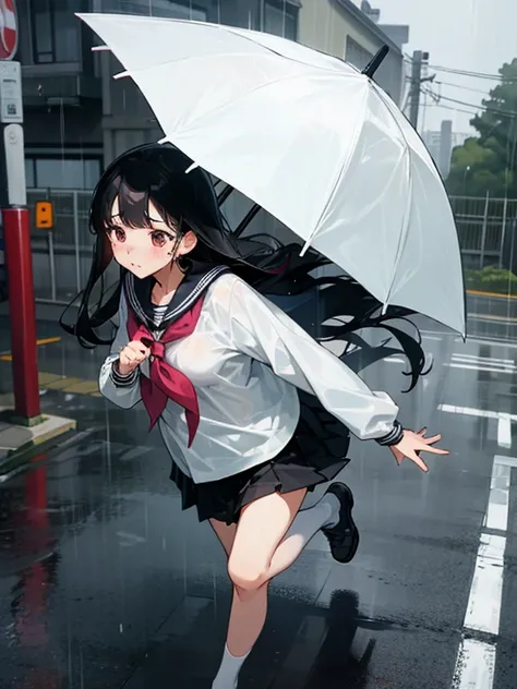 1 girl,solo,long hair, black hair, serafuku,long sleeves,In the rain、flustered,run,residential area,Residential area in Japan,I dont have an umbrella,wet,
