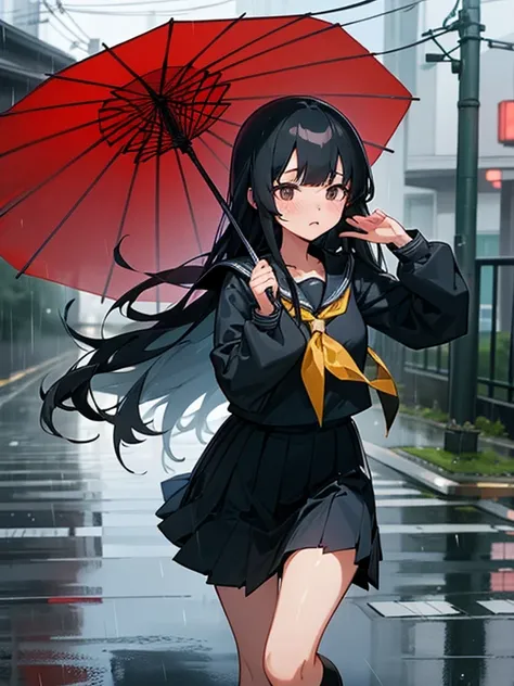 1 girl,solo,long hair, black hair, serafuku,long sleeves,In the rain、flustered,run,residential area,Residential area in Japan,I dont have an umbrella,wet,arm up,
