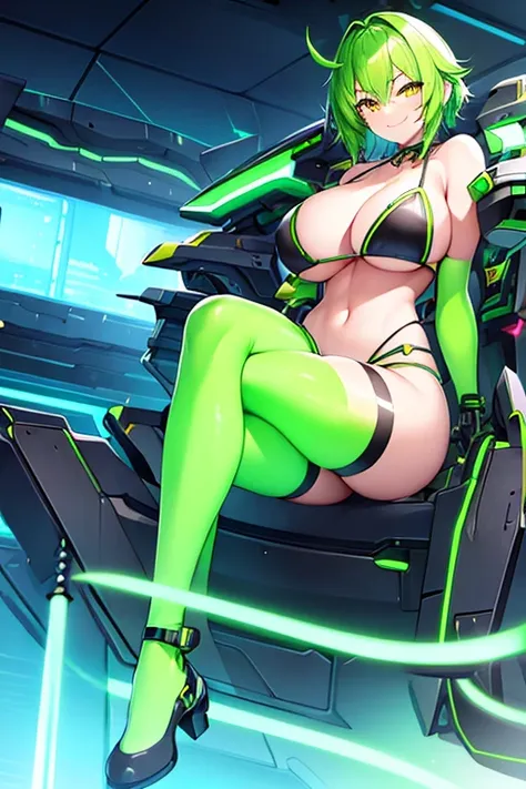 1girl, large breasts, breasts, wide hips, green hair, highleg bikini, bikini, black bikini, yellow eyes, smirk, smile, futuristic, science-fiction, tech, neon, neon trim, shoes, machinery, short hair, 