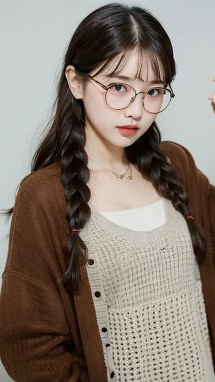 Top quality, 1 young girl, 35mm lens, f/1, slender_face, 20 years old, skinny, pale skin, (white background: 1.3), flat chest, glasses, braids, black hair,