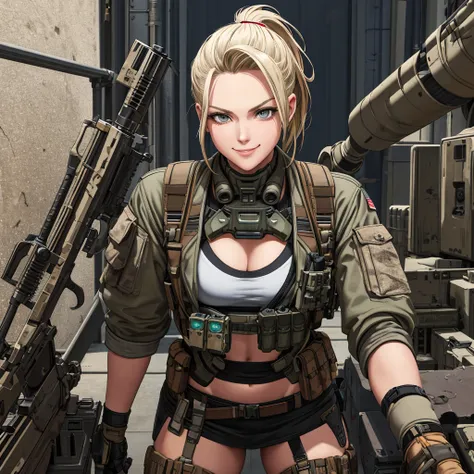 Dieselpunk AI fighter mech background, in front of Portrait of American shot, very beautiful woman, blonde, with a ponytail, light gray eyes, sweet face, looks at the camera mischievously, incipient smile, small chest, bending down to pick up the rifle, se...