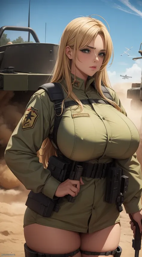 Chica rubia, con grandes tetas, mech, en campo de batalla, humo por todos lados, aviones bombarderos de fondo