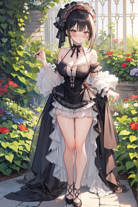 perfect human body，1 girl， (very highly detailed background，garden), clavicle，European classical，victorian style skirt，((woman with fever)), , (blush:1.2),