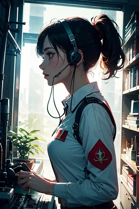 solo female priestess, female beautiful perfect body, corporation corporative style, bright, futuristic, fullbody, uniform sexual blue-green red, white sunlight rays interior lab, high tech lab with plants books beautiful futuristic, face profile sweet cut...