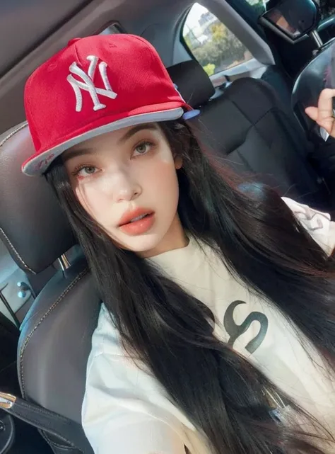 A close-up of a woman wearing a baseball cap and a t-shirt, Medio rosa, ava max, Kylie Jenner, Kailee Mandel, portrait Medio rosa, portrait of Medio rosa, 18 years, wearing a red backwards cap, violeta myers, Cerveza Madison, 16 years old, clear portrait o...