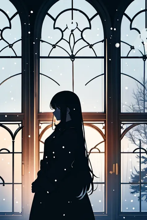 silhouette,1girl, long_hair, window, winter, silhouette, snow, frost, indoor, christmas_decoration, dreamy_expression, warm_lighting, snowing_outside, detailed, soft_colors