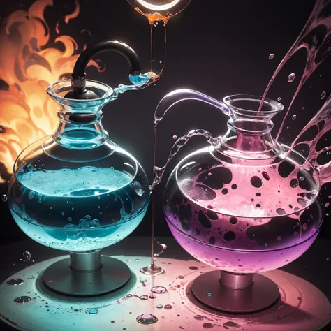 laboratory,frontview,dirty table,sience,experimental setup,blue,pink,green,purple,red,orange,bubbling smoking round boiling flask,absurdres,high res,ultrasharp,8K,Masterpiece