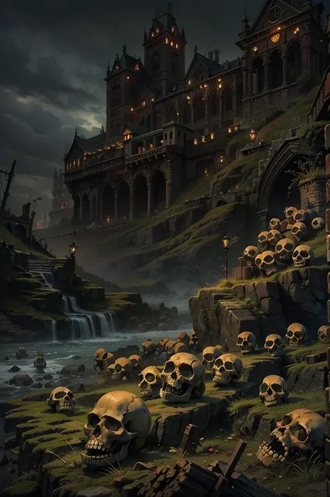 masterpiece, best quality, high resolution, 4k wallpaper, Shadow Isles, a murky landscape with several skulls strewn across the ground, paisagem de cor vermelha escura, demon skulls, demonio, noite escura, Castles in the background in darkness, horror art,...