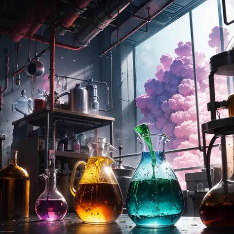 laboratory,frontview,dirty table,sience,experimental setup,blue,pink,green,purple,red,orange,bubbling smoking round boiling flask,absurdres,high res,ultrasharp,8K,Masterpiece