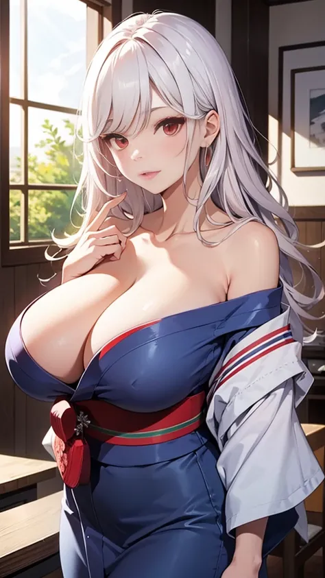 8k、quality、on the table、super high image quality、Super detailed、Super beautiful、Ultra-realistic hair textures、anime illustration、Surreal sensibility、Whole body ESBIAN、charming appearance、shave 、Off-the-shoulder blue yukata、beautiful woman, red eyes、Skin gl...