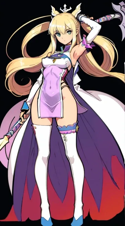 (((Best Quality))) , ((full body)), female, character design, solo, ( white background:1.3), holding staff, gauntlets, thigh high, side slit trench skirt, blue, green, violet, brown, white, colorful outfit, bare arms, bareback, Bust Bodice, bare waist, sta...