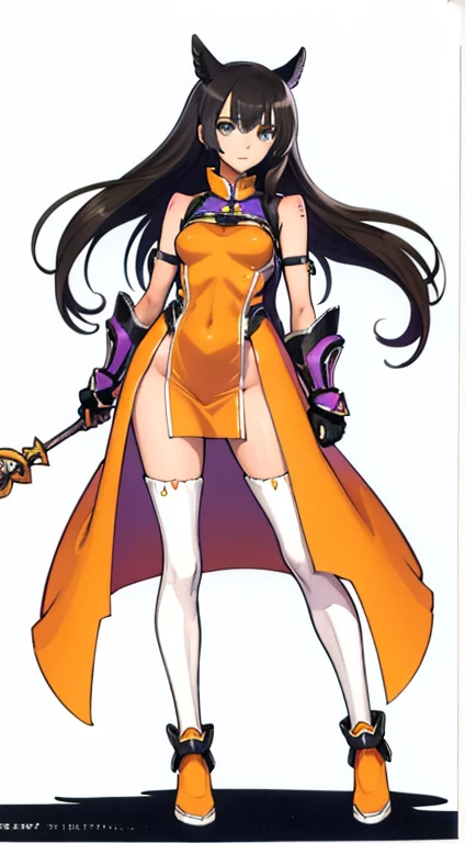 (((Best Quality))) , ((full body)), female, character design, solo, ( white background:1.3), holding staff, gauntlets, thigh high, side slit trench skirt, blue, green, violet, brown, orange, white, colorful outfit, bare arms, bareback, Bust Bodice, bare wa...