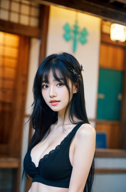 idol、One lady、(long black hair1.3)、With bangs、Cool style、sexy、(huge breasts:1.3)、(masterpiece、top quality)、((20 years old woman:1.2))、Young and lovely Japanese face, Dewy skin, Soft portraits,8K,、Its very, very beautiful、looking at the camera、,Telegraph Es...