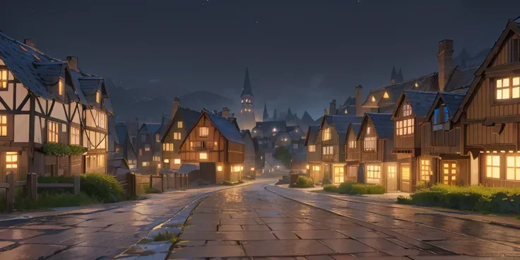 animated animated illustration of a street with a row of houses, nightime village background, whiterun in the style of pixar, villages ， unreal engine, town background, night time render, 3 d render stylized, quaint village, matte painting arcane dota pixa...