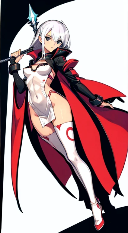 (((Best Quality))) , ((full body)), female, character design, solo, ( white background:1.3), holding staff, gauntlets, thigh high, side slit trench skirt, colorful outfit, bare arms, bareback, Bust Bodice, bare waist, standing, casual dress, bikini,