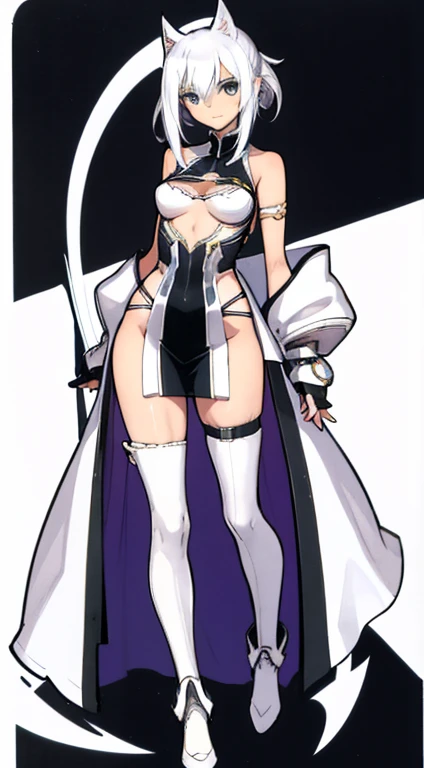 (((Best Quality))) , ((full body)), female, character design, solo, ( white background:1.3), holding staff, gauntlets, thigh high, side slit trench skirt, summer outfit, colorful outfit, bare arms, bareback, Bust Bodice, bare waist, standing, casual dress,...