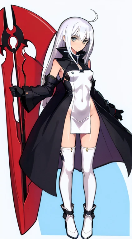 (((Best Quality))) , ((full body)), female, character design, solo, ( white background:1.3), holding staff, gloves, thigh high, side slit trench skirt, summer outfit, colorful outfit, bare arms, bareback, Bust Bodice, bare waist, standing, casual dress, bi...