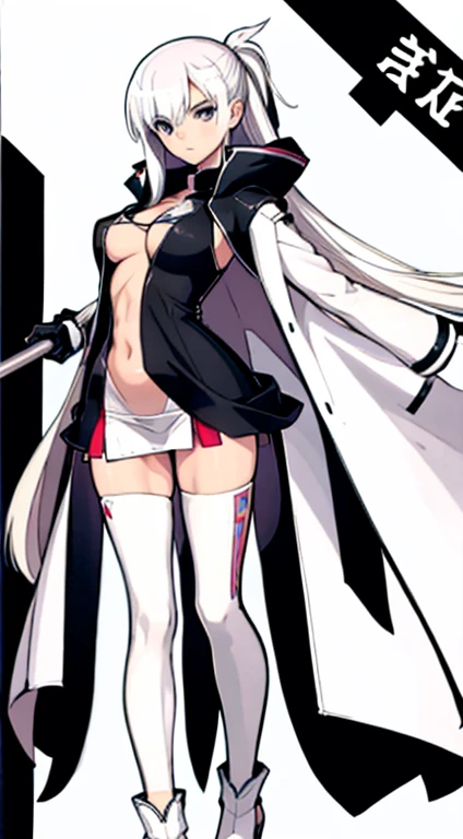 (((Best Quality))) , ((full body)), female, character design, solo, ( white background:1.3), holding staff, gloves, thigh high, side slit trench skirt, summer outfit, colorful outfit, bare arms, bareback, Bust Bodice, bare waist, standing, casual dress, bi...