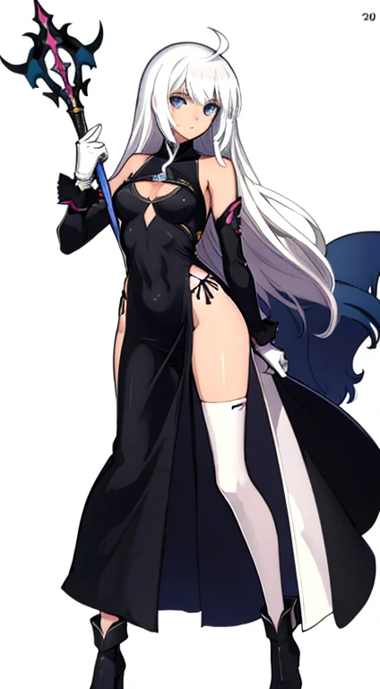 (((Best Quality))) , ((full body)), female, character design, solo, ( white background:1.3), holding staff, gloves, thigh high, side slit trench skirt, summer outfit, colorful outfit, bare arms, bareback, Bust Bodice, bare waist, standing, casual dress, bi...