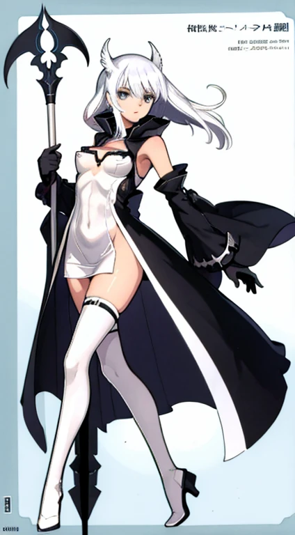 (((Best Quality))) , ((full body)), female, character design, solo, ( white background:1.3), holding staff, gloves, thigh high, side slit trench skirt, summer outfit, colorful outfit, bare arms, bareback, Bust Bodice, bare waist, standing, casual dress, bi...