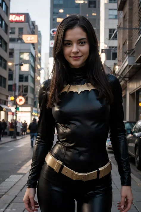 photos D&#39 :  cute brunette, tall and slim. she wears a black realistic Batman costume. she is standing ,we can see her entirely. she smiles. she is in Gotham city.