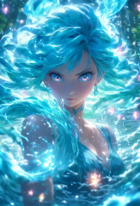 (best quality,4k,8k,highres,masterpiece:1.2),ultra-detailed,(realistic,photorealistic,photo-realistic:1.37), female with glowing cyan sweet eyes, blue colored hair, casting glowing water spells, mystical forest, illustration, enchanted atmosphere, vibrant ...