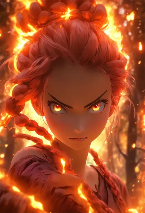 (best quality,4k,8k,highres,masterpiece:1.2),ultra-detailed,(realistic,photorealistic,photo-realistic:1.37), female with glowing ruby eyes, vibrant red hair tied in a braid, casting glowing fire spells, mystical forest, illustration, enchanted atmosphere, ...