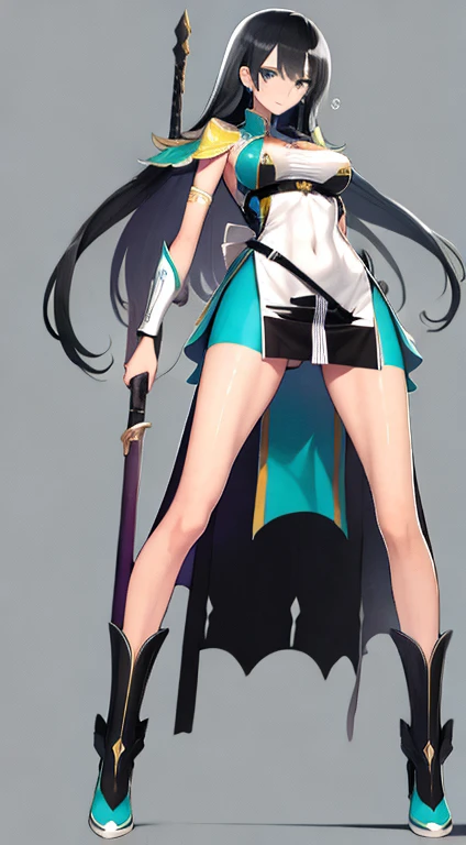 (((Best Quality))) , ((full body)), female, character design, solo, ( white background:1.3), holding sword, thigh high, side slit trench skirt, summer outfit, colorful outfit, bare arms, bareback, Bust Bodice, bare waist, standing, backless casual dress, b...