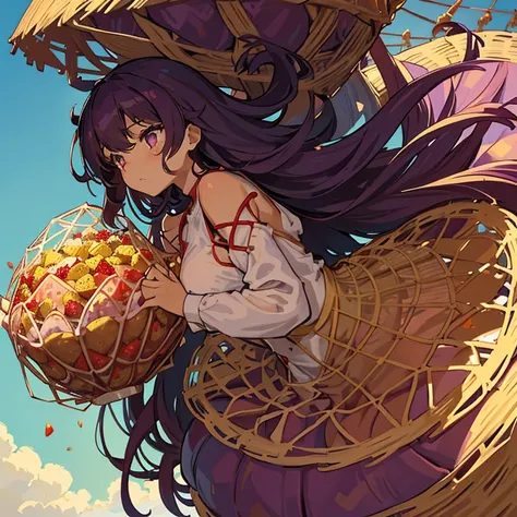 A girl with long afro hair flying low in the air covered in boiling large strawberry cake armor serving a large purple potato jam、amazing dynamism、amazing angle、unstable buoyancy sandstorm、((Lots of friendly oversized dried fruit cubes to chase in a floati...