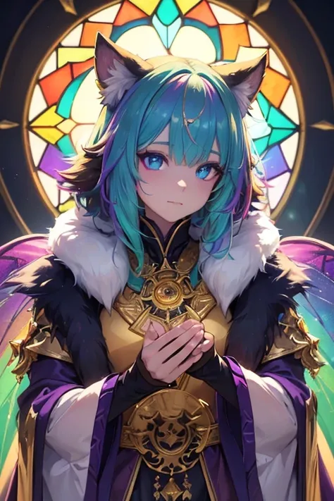 (fantasy sister, robe with gold decoration)(colorful stained glass, volumetric lighting backlighting good lighting, colorful refraction)depth of field(highly detailed beautiful face and eyes)perfect anatomy(furry beastman)(fur covered body animal facial fe...