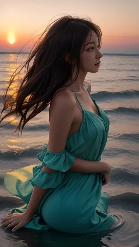 araffe woman in the water hair blowing in the wind, backlit hair flowing, in the water up to her shoulders, hair is flowing, lon...