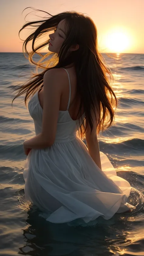 araffe woman in the water hair blowing in the wind, backlit hair flowing, in the water up to her shoulders, hair is flowing, lon...