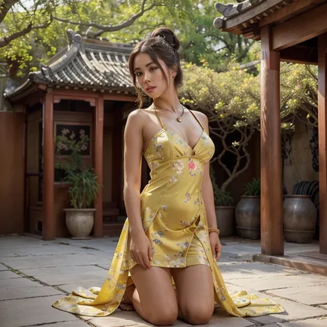 💋💋best quality, high resolution, Wuxi,1 girl, (  yellow classical chinese dress with floral pattern :1.2 ) ( View of the ancient Chinese pavilion,A garden with many colored flowers and large trees has space. ) The jewelry is gold necklaces.,Hair pins,brace...