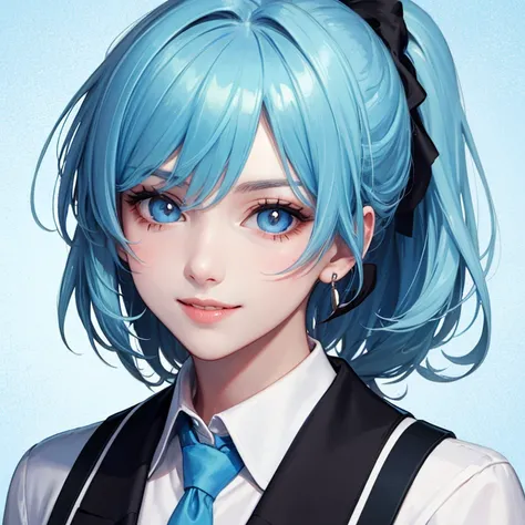 ((highest quality)), ((masterpiece)), (be familiar with), perfect face、Clear light blue hair with one neon blue eye，Single ponytail curl pale blue on right ear side、White polo shirt and black necktie，smile，
