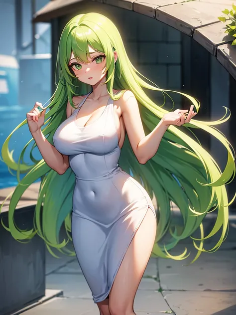 (((Light Skin Woman))),(((Long tea green hair without bangs))),(((voluminous and curvy body))),(((Lime green eyes))),(((Alone))),(((Wearing a soft white dress)))