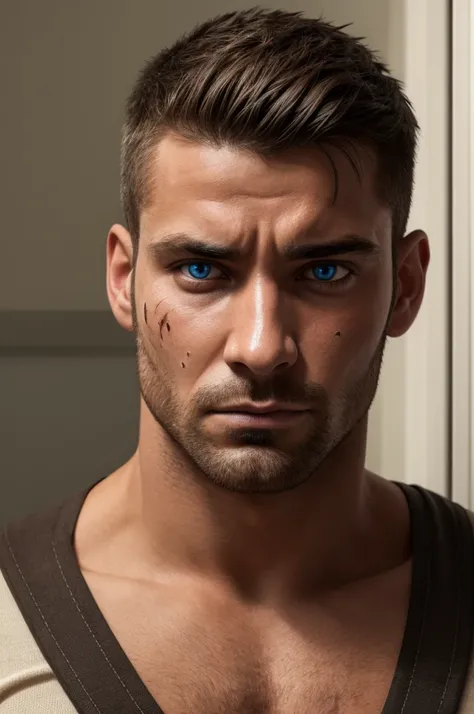 Realistic, detailed, male, soldier, face, dirt and blood smudge on face, facial hair stubble, sweat, blue eyes, sad expression, 