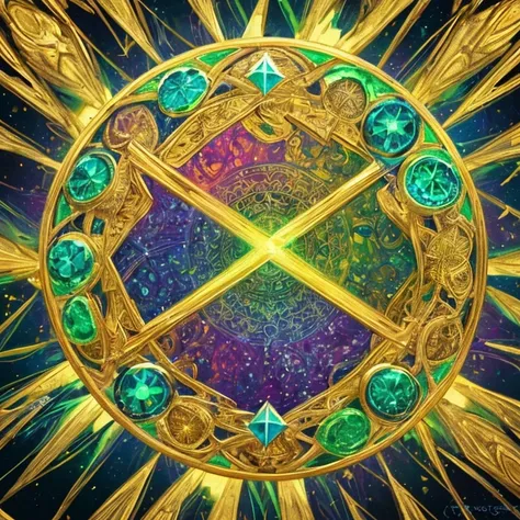 Create artist-like art Alex Grey, energy, mandala, magic energy, bright green colors, circle in the middle of the image, symmetry, symbol with golden details, golden effects, centered image, symmetry on all sides, image centered in the middle of the image,...