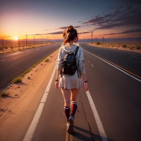 1 girl, hitchhiker, walking down a deserted highway alone, lonely, sunset with a dark sky above, along a desert highway, yellow road sign, route 66, America, dark brown hair, ponytail, oversized jacket, punk