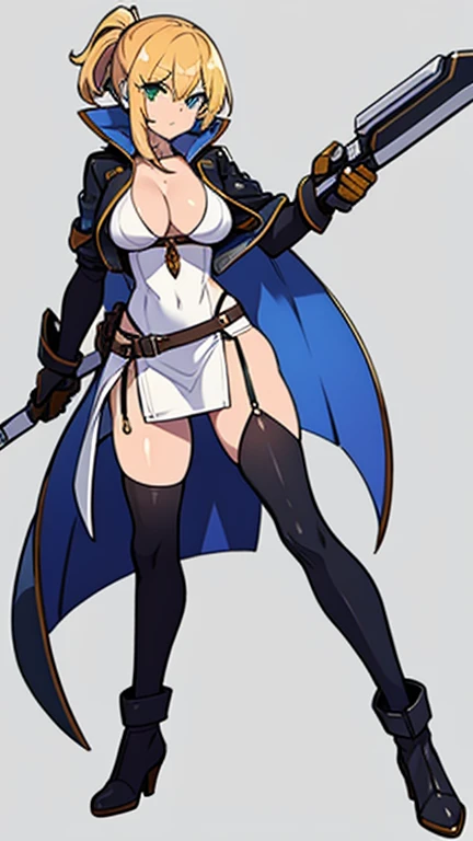 (((Best Quality))) , ((full body)), female, reference sheet, solo, (white background), holding weapon, gloves, slit trench skirt, belt, bare waist, standing, casual dress, bikini, side slit skirt, gloves, blue, orange, green, violet, brown, white, 