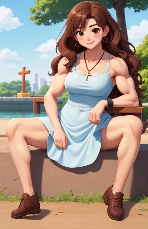 attractive korean woman, ripped muscle, muscular body, small breast, pale skin, smile(blush), sundress, cross pendant, sixpack abs, [ultra detailed skin:1.2], brown hair, wavy hair, 8k uhd, full body, crowd, public, park, sitting, spread legs,