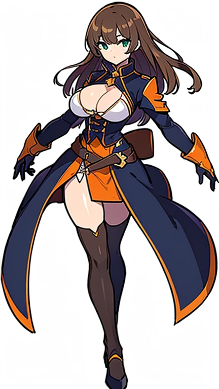 (((Best Quality))) , ((full body)), female, reference sheet, solo, (white background), holding weapon, gloves, trench skirt, belt, bare waist, standing, casual dress, bikini, side slit skirt, gloves, blue, orange, green, violet, brown, white, 